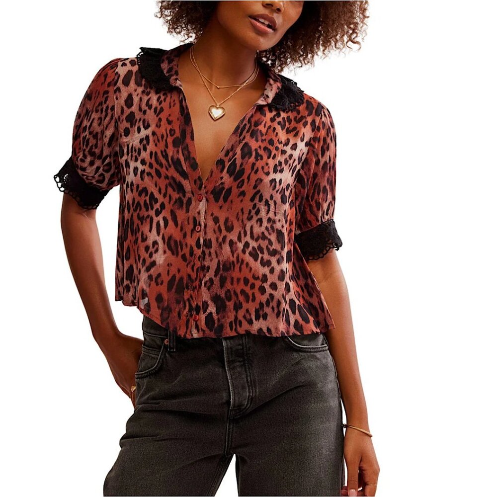 Free People Rust Leopard Print Button-Front Blouse with Black Trim